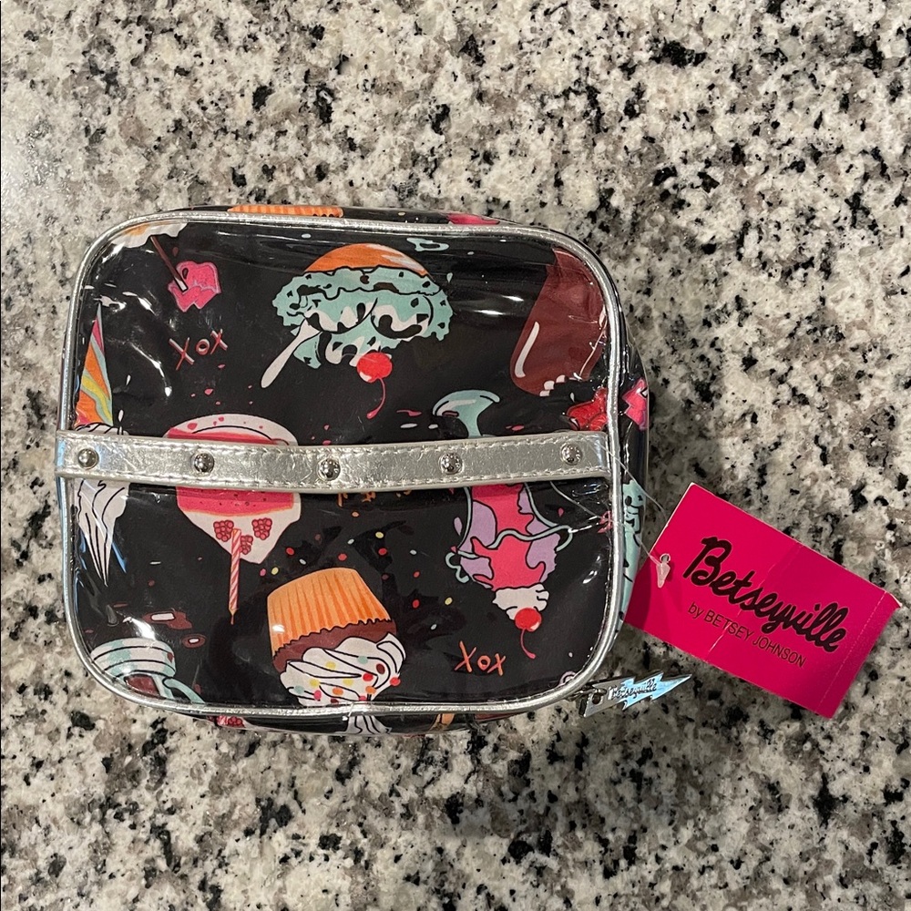 Betsey Johnson  Ice Cream Print small zipper Bag - Black and Silver Accents